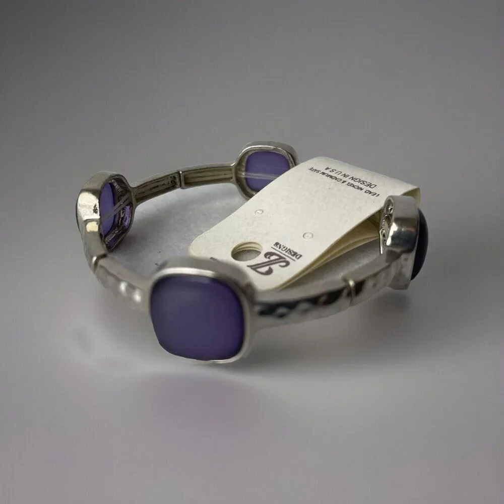 JL Designs Purple Silvertone Stretch Bracelet Rectangle Bangle Costume Jewelry